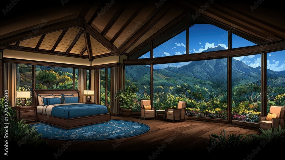 Fototapeta premium Mountain View Bedroom Luxurious Tropical Getaway