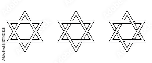 Star of David vector icon set. Jewish religious symbol. Black outline isolated on white background.