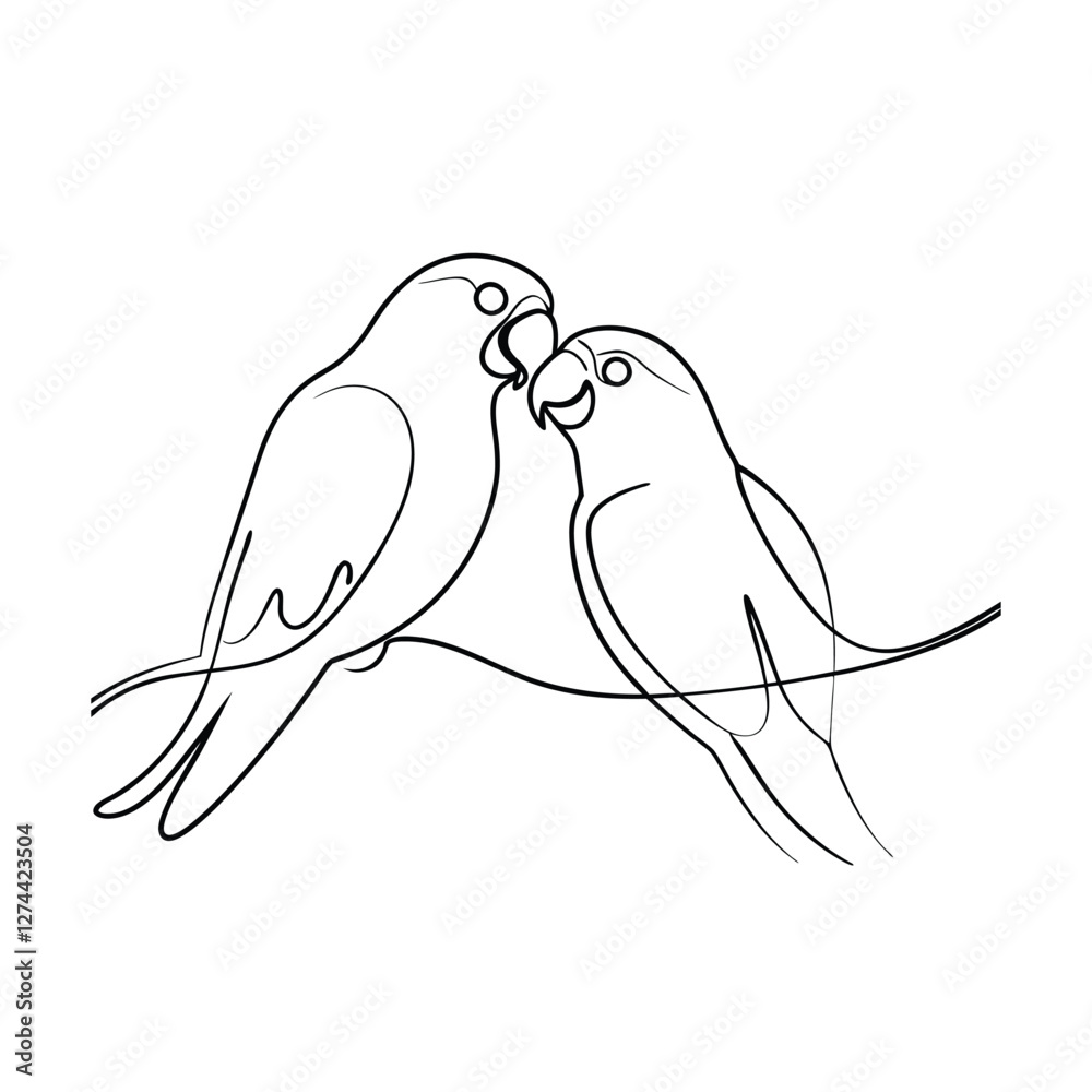 Obraz premium Two Lovebirds Perched on Branch, Single Line Drawing, Minimalist Art