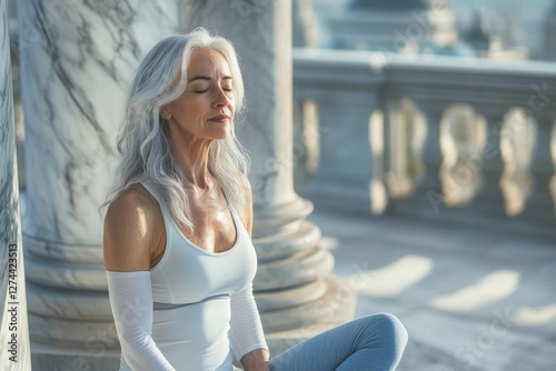 A serene older woman with gray hair meditates peacefully outdoors, eyes closed, in a tranquil setting.