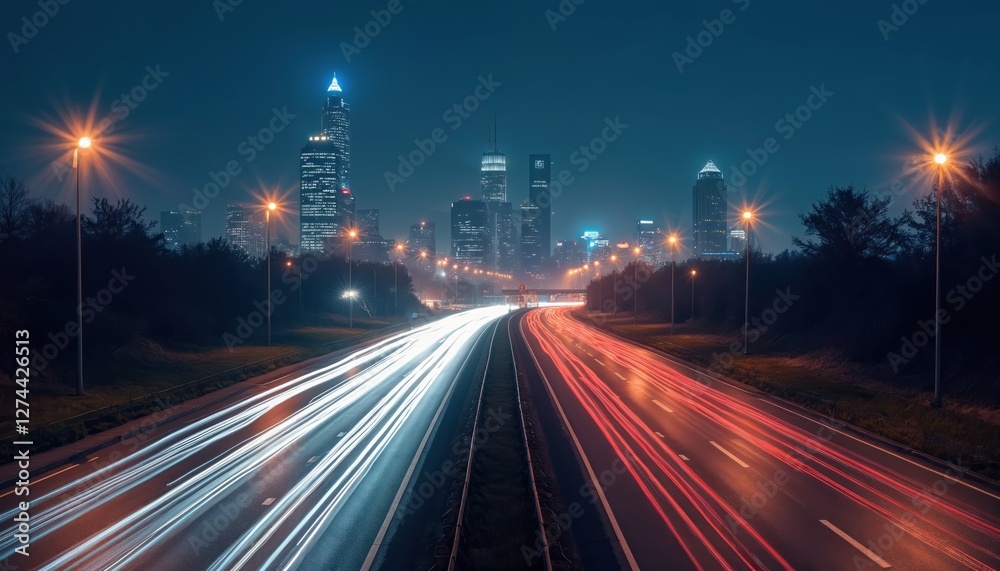 Night highway with light trails. Long exposure photo of cars driving on road at twilight. Fast transportation concept. Modern urban city skyline in background, street lights illuminate highway at Night highway with light trails. Long exposure photo of cars driving on road at twilight. Fast transportation concept. Modern urban city skyline in background, street lights illuminate highway at