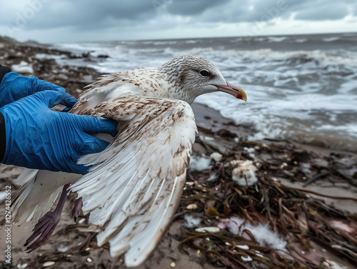 A polluted seagull covered in oil is on a contaminated beach, struggling to move. A rescuer wearing protective gloves carefully handles the bird, highlighting the impact of environmental disasters. 