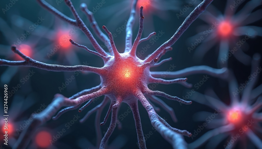 Illustration of neuron cells sending electrical signals in brain for neural activities. Nerve cell network connection anatomy neurology. Biological futuristic pathways for medicine, microscopic Illustration of neuron cells sending electrical signals in brain for neural activities. Nerve cell network connection anatomy neurology. Biological futuristic pathways for medicine, microscopic