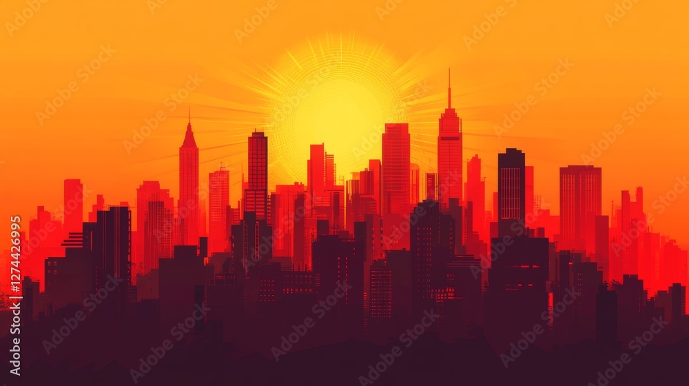 Vibrant Sunset Over Modern Metropolis, Stunning Cityscape Silhouette at Golden Hour Vibrant Sunset Over Modern Metropolis, Stunning Cityscape Silhouette at Golden Hour