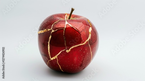 A Kintsugi-repaired apple gleams with delicate gold lines on its vibrant red skin. Set against a pure white background it symbolizes beauty in imperfection and the art of embracing flaws