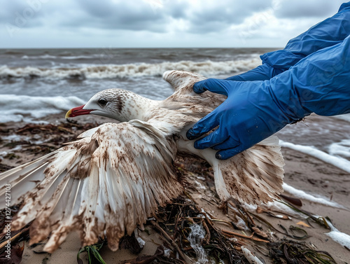 A polluted seagull covered in oil lies on a contaminated beach, struggling to move. A rescuer  blue protective gloves carefully handles the bird, highlighting the impact of environmental disasters.