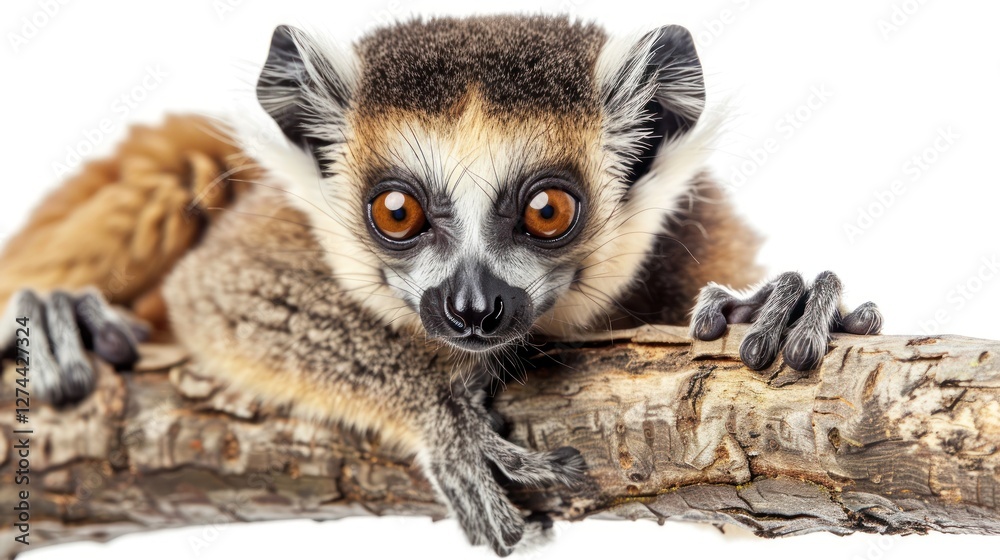 A lemur loris is perched on a branch displaying its striking features and unique fur patterns against a clean isolated backdrop. Its large eyes draw attention showcasing its inquisitive nature A lemur loris is perched on a branch displaying its striking features and unique fur patterns against a clean isolated backdrop. Its large eyes draw attention showcasing its inquisitive nature