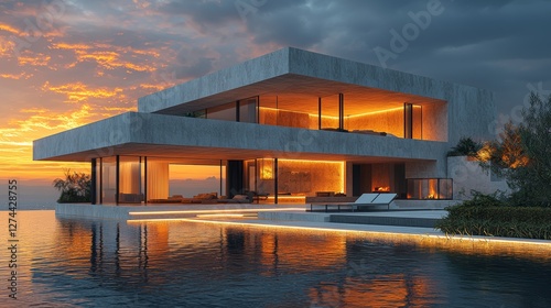 Striking modern geometric home with bold architecture against a cinematic artistic sunset