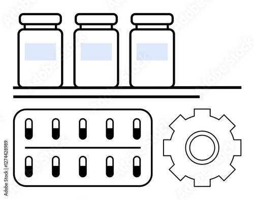 Medicine bottles, pill blister pack, and gear symbolizing healthcare, pharmaceuticals, innovation, and development. Ideal for science, production, research technology industry and abstract line