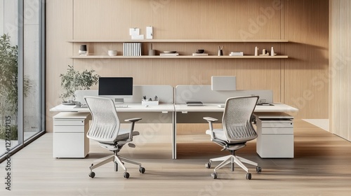 Modern open office workspace with two desks photo