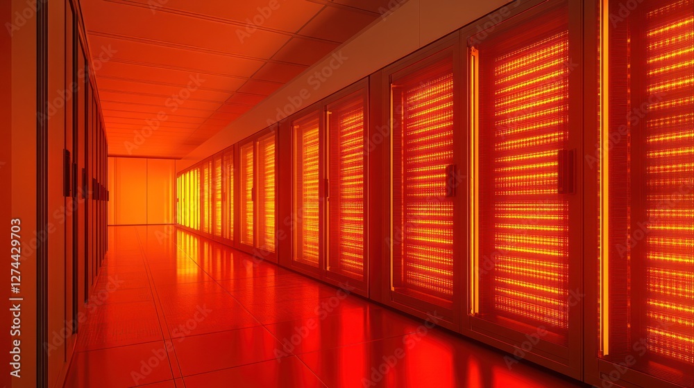 Fototapeta premium Illuminated Server Room Corridor Displays Bright Red Lights