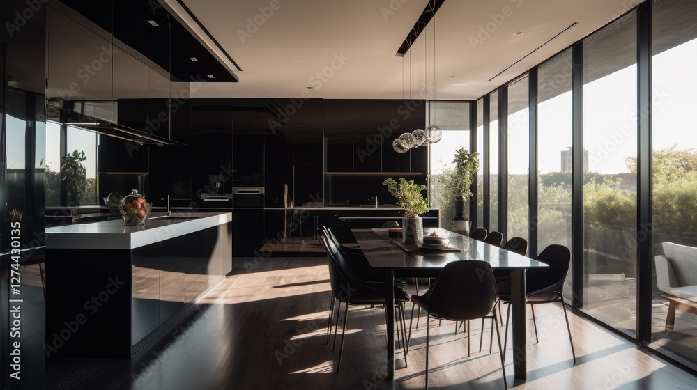 Elegant modern kitchen and dining area with black and white aesthetics and natural light Elegant modern kitchen and dining area with black and white aesthetics and natural light