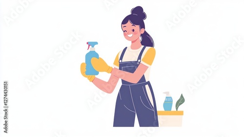 Woman in overalls holding cleaning spray bottle