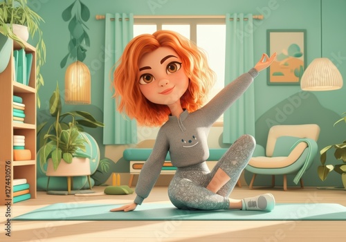 Animated woman practicing yoga in a cozy, vibrant living room