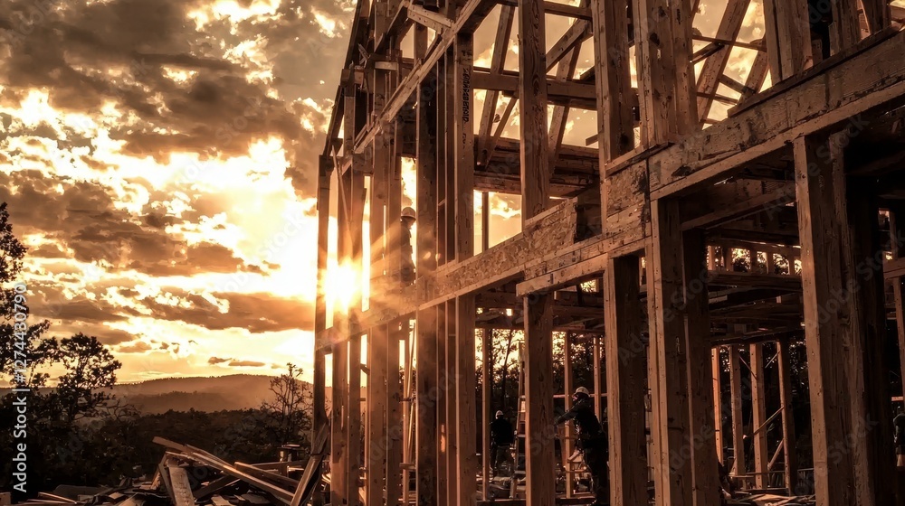 Obraz premium Construction workers collaborating on a house during golden hour with realistic depth and detail