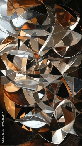 abstract swirl of intersecting metallic shards forming modern geometric pattern in silver and copper hues with reflective surfaces concept of interior decor, branding