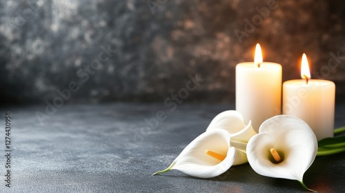 White candles and calla lilies on dark background; sympathy, remembrance