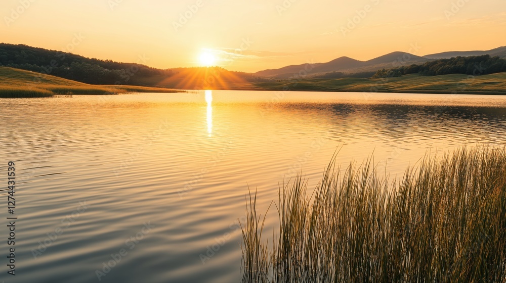 Voxel Lake Sunset Reflection Grassy Hills Trees Silhouetted Golden Light Voxel Lake Sunset Reflection Grassy Hills Trees Silhouetted Golden Light