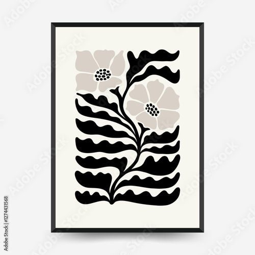 Abstract dark floral posters template. Modern trendy Matisse minimal style. Black and white colors. Hand drawn design for wallpaper, wall decor, print, postcard, cover, template, banner.