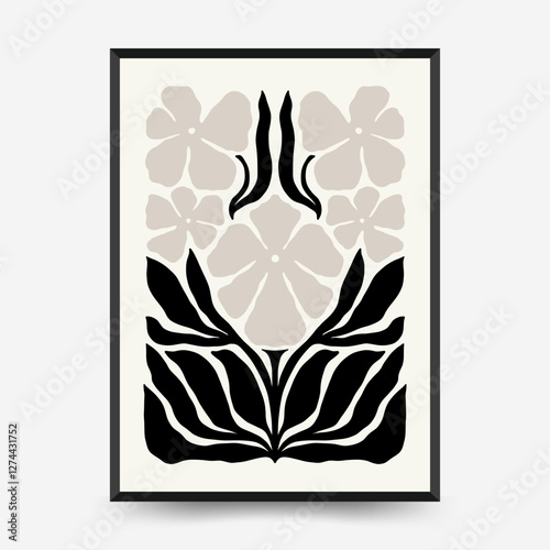 Abstract dark floral posters template. Modern trendy Matisse minimal style. Black and white colors. Hand drawn design for wallpaper, wall decor, print, postcard, cover, template, banner.