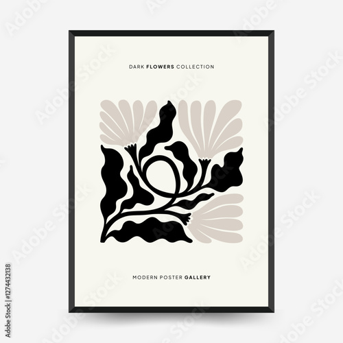 Abstract dark floral posters template. Modern trendy Matisse minimal style. Black and white colors. Hand drawn design for wallpaper, wall decor, print, postcard, cover, template, banner.