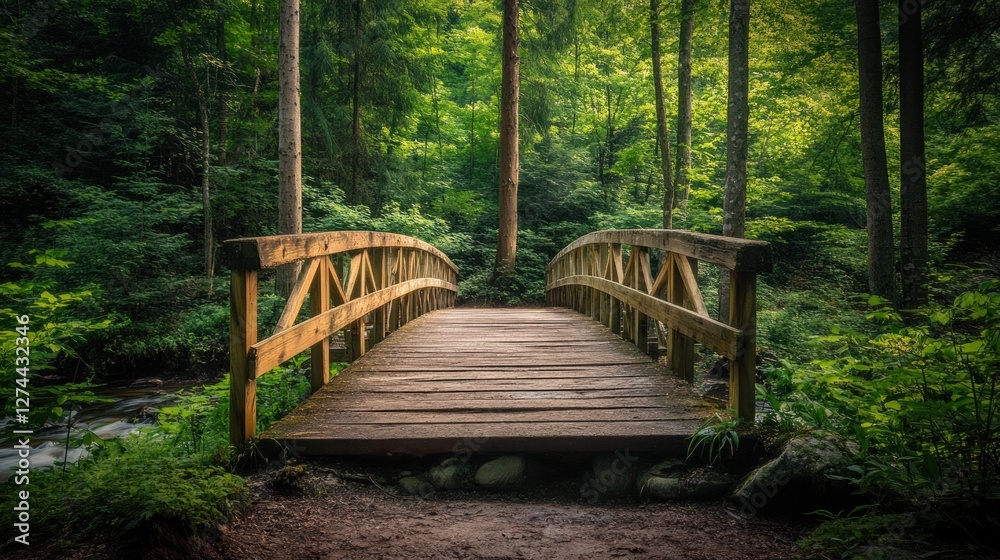 Fototapeta premium Wooden Bridge in Lush Green Forest