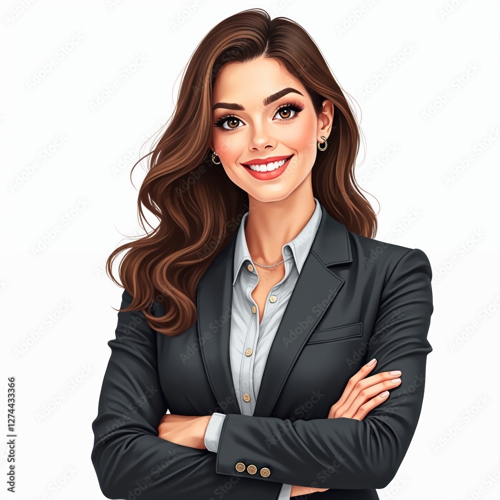 AI illustration of successful smiling businesswoman with folded arms. Confident female executive wears elegant business suit isolated on white background. Woman with long wavy brunette hair shows AI illustration of successful smiling businesswoman with folded arms. Confident female executive wears elegant business suit isolated on white background. Woman with long wavy brunette hair shows
