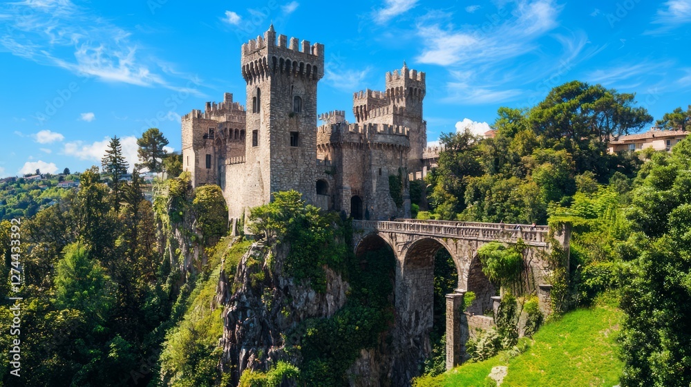 Majestic Medieval Castle on Cliff with Blue Sky and Green Trees Majestic Medieval Castle on Cliff with Blue Sky and Green Trees