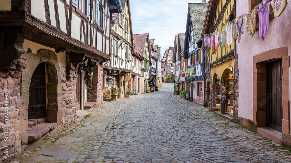Fototapeta premium Winding Cobblestone Street Surrounded by Charming Historic Buildings