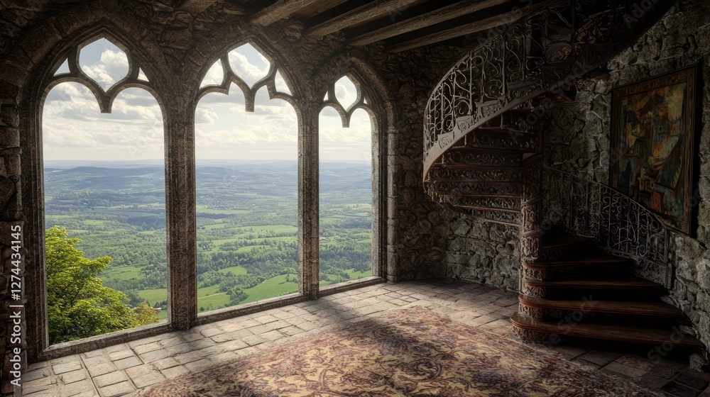 Ornate Spiral Staircase in a Medieval Tower with Scenic View Ornate Spiral Staircase in a Medieval Tower with Scenic View
