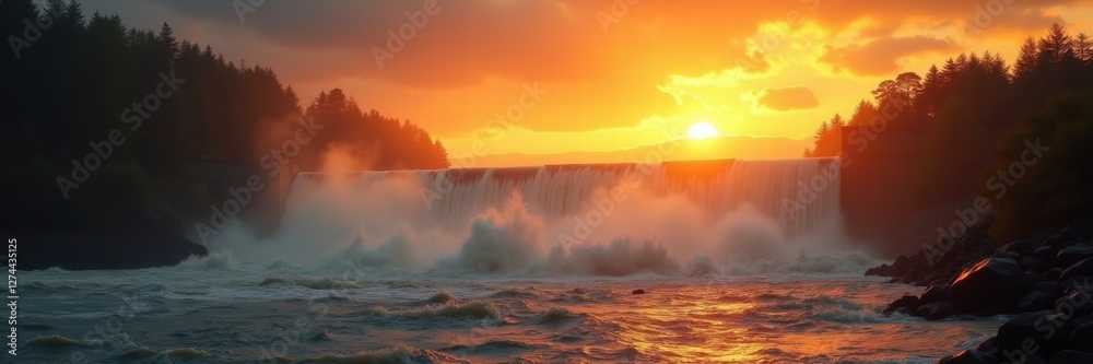 Fototapeta premium A breathtaking sunset over a waterfall, surrounded by lush forests, capturing the essence of nature's beauty and tranquility.