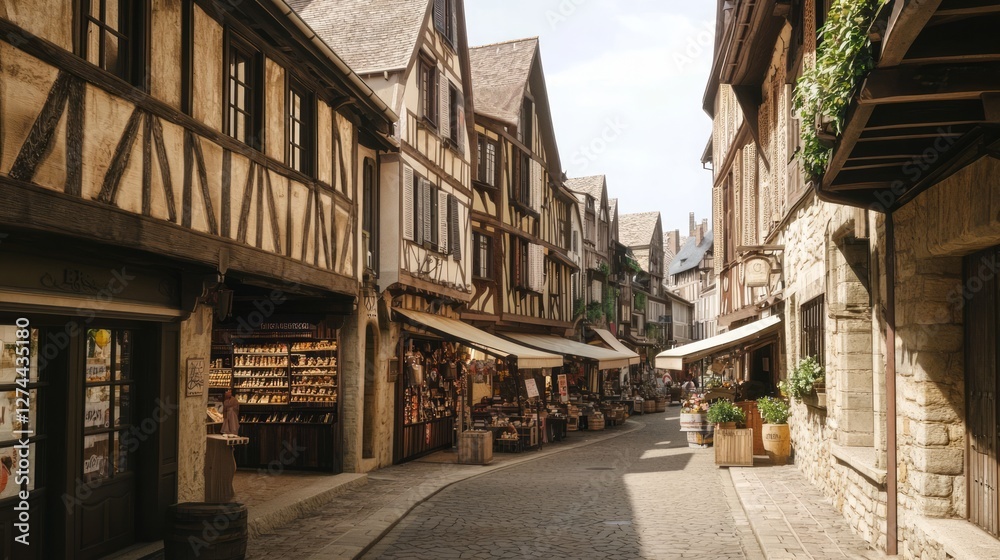 Charming Medieval Market Street with Lined Shops and Quaint Architecture Charming Medieval Market Street with Lined Shops and Quaint Architecture