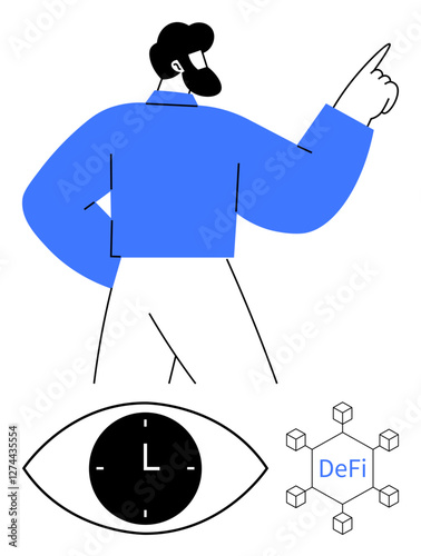 Male figure gesturing upward, clock-eye symbolizing time and vision, DeFi blockchain grid. Ideal for innovation, technology, finance, time management, blockchain, vision abstract line flat metaphor