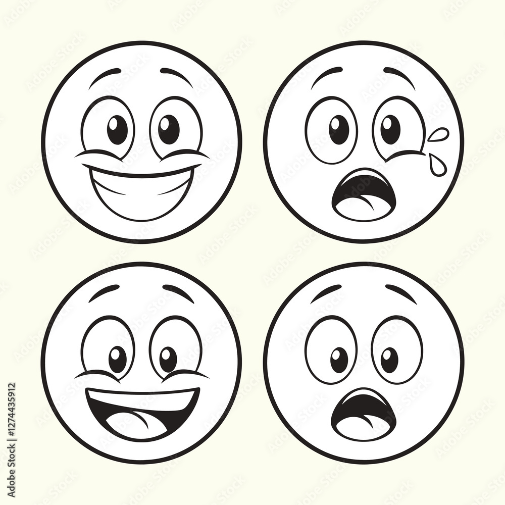 Emojis Expressive Cartoon Faces with Simple Black and White Line Art and Varying Emotions Emojis Expressive Cartoon Faces with Simple Black and White Line Art and Varying Emotions