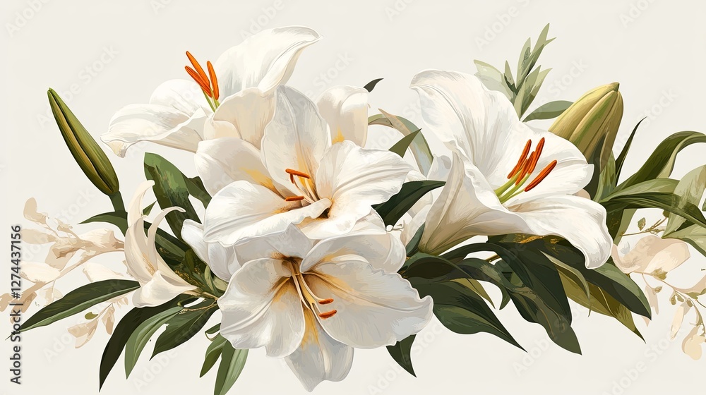 Fototapeta premium Delicate pastel floral border adorned with Easter lilies and golden typography. Generative AI