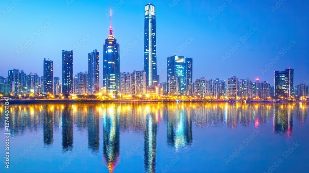 Obraz premium Night City Skyline Reflecting in Calm Water