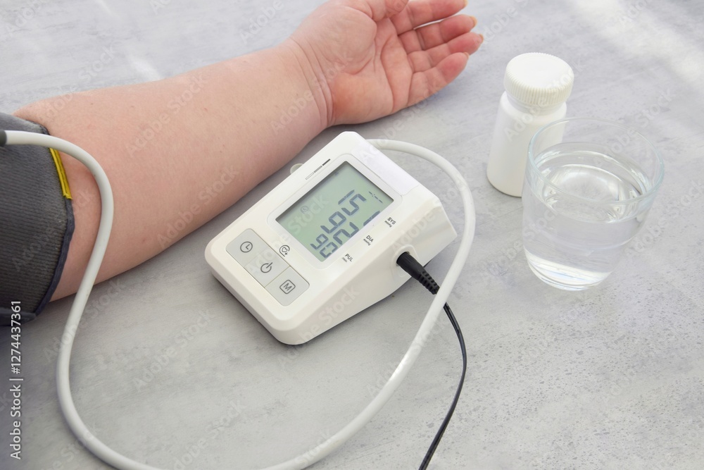 The tonometer shows high blood pressure, you need to take a pill. The tonometer shows high blood pressure, you need to take a pill.