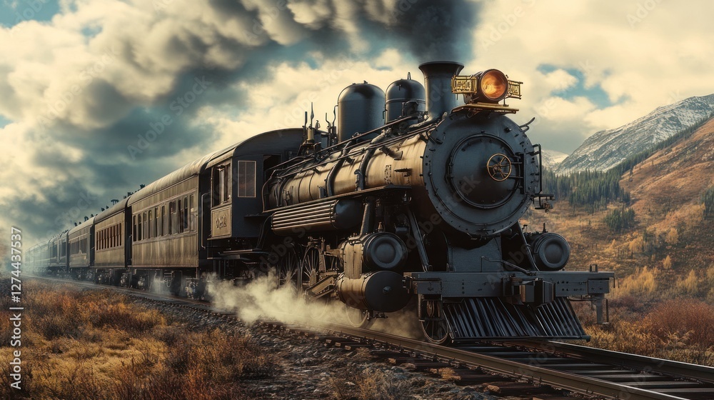 Fototapeta premium Majestic Steam Locomotive Journey Through Autumnal Mountains