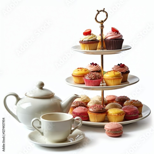 Three tiered afternoon tea stand with cupcakes. Sweet dessert pastries with buttercream frosting, toppings. Teapot, cup isolated on white background. Elegant catering for holiday party, banquet event.