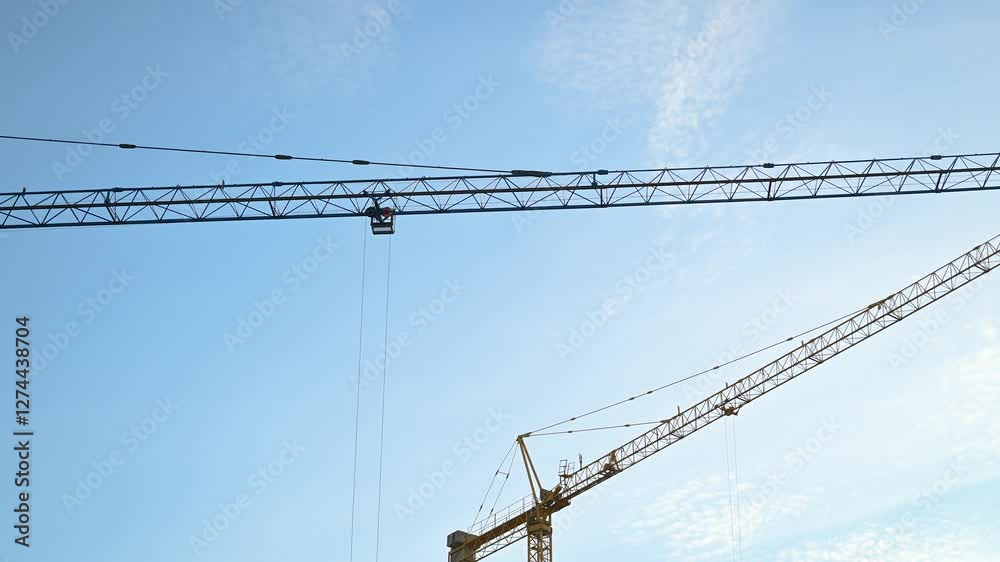 Construction cranes lifting heavy load on construction site, 4K Construction cranes lifting heavy load on construction site, 4K