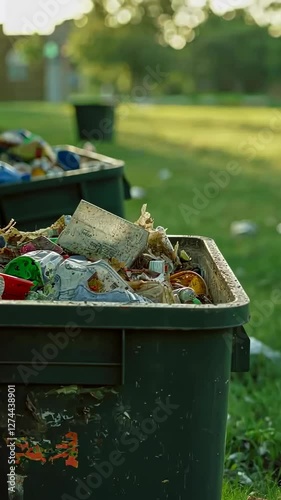 Overflowing trash bins in park against lush green grass and trees at sunset, 4k vertical video