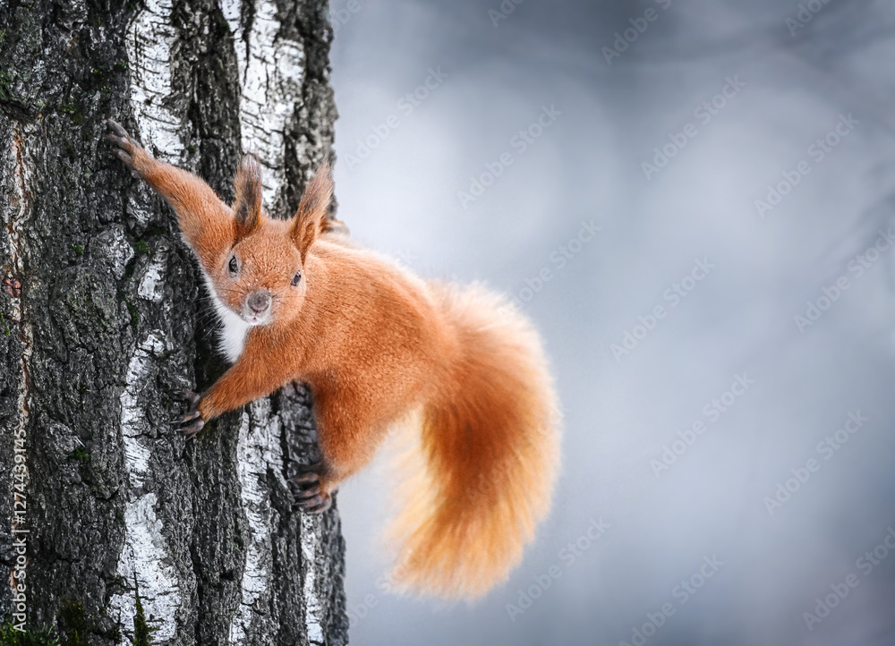 Adorable red squirrel posing humorously, showcasing its fluffy tail and expressive face.