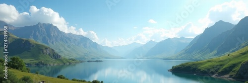 A breathtaking panoramic view of serene mountains and a crystal-clear lake under a bright blue sky, perfect for nature-themed projects and travel promotions.