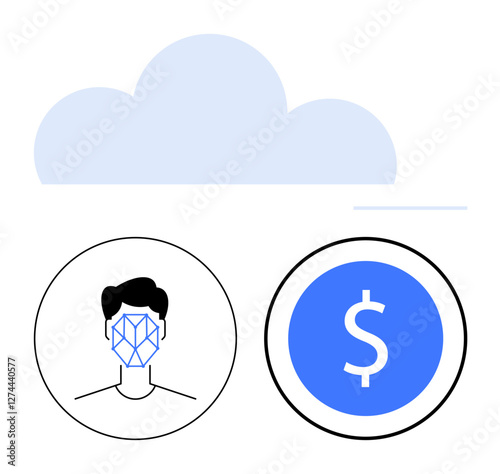 Cloud icon with facial recognition and dollar sign inside circular elements. Ideal for technology, biometrics, cloud computing, payments, identity, security, AI, abstract line flat metaphor