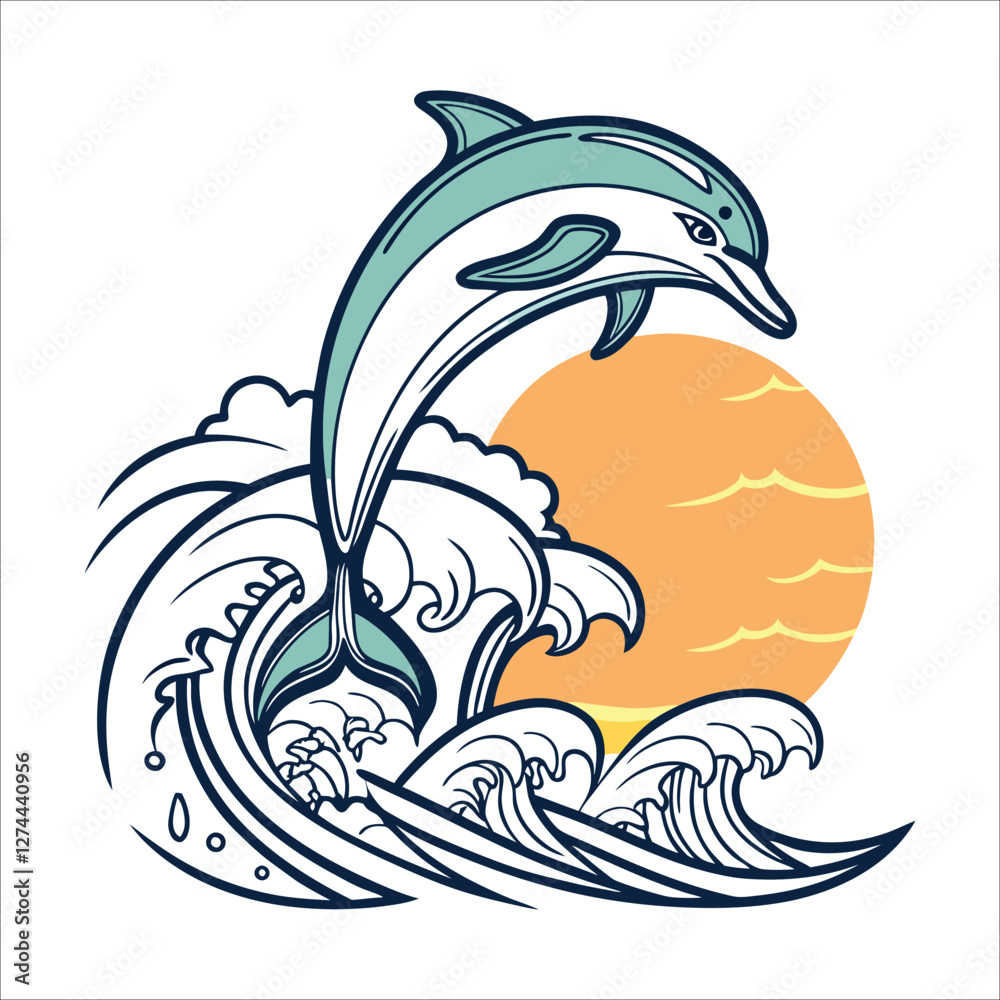 Naklejka premium Jumping Dolphin Over Ocean Waves at Sunset