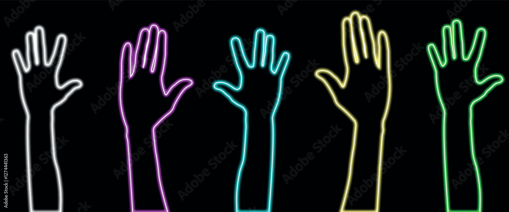 Obraz premium Raised neon hands of volunteers from diverse ethnic groups, symbolizing unity and support. Paper cut style. Vector. Banner.