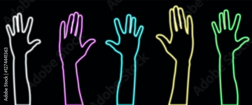 Raised neon hands of volunteers from diverse ethnic groups, symbolizing unity and support. Paper cut style. Vector. Banner.