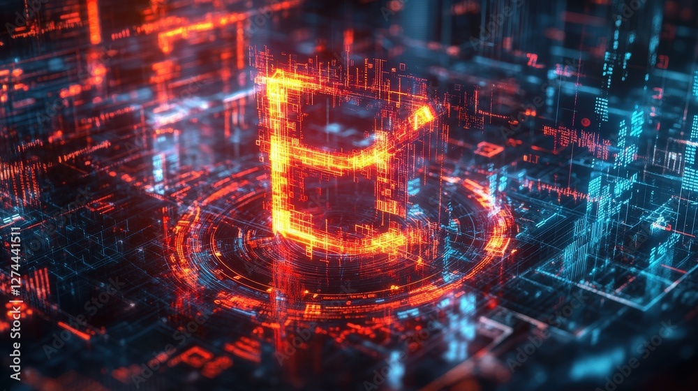 Obraz premium Abstract Digital Letter E Futuristic digital illustration showing an abstract glowing 'E' in red on a complex circuit board background with blue light effects.
