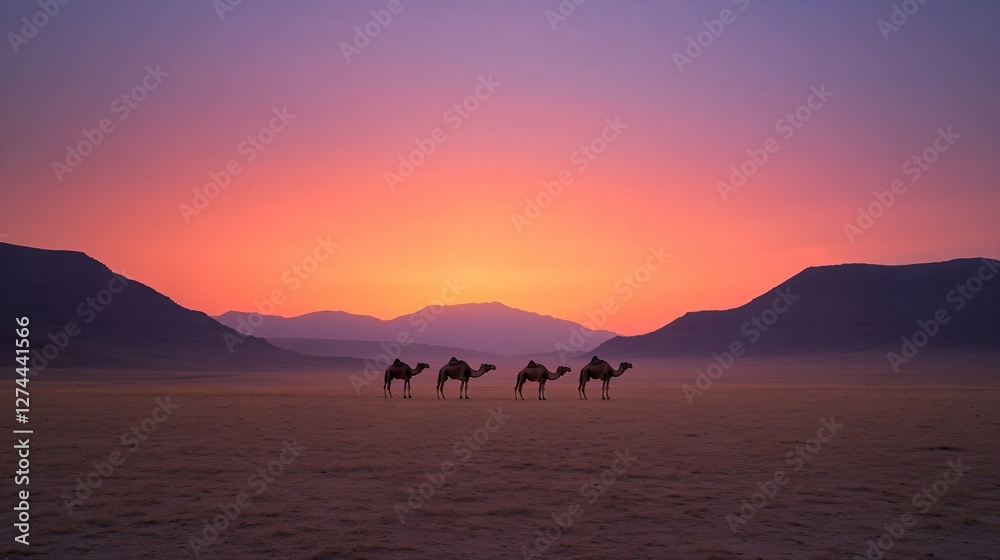 Obraz premium Silhouette of camel caravan crossing desert at sunset with mountains in background. Desert safari tourism view with orange and purple sky. Desert transportation scene with copy space