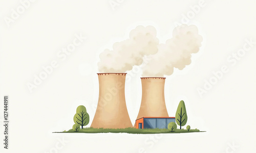 Illustration of Nuclear power plant Emitting Smoke, Pastel Tones, Environmental Impact with Copy Space